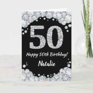 Happy 50th Birthday Black and Silver Glitter Card