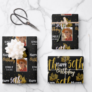 Happy 50th Birthday Black Gold Foliage Photo  Wrapping Paper Sheet