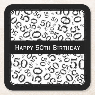 "Happy 50th Birthday" Black/White Party Theme Sq Square Paper Coaster