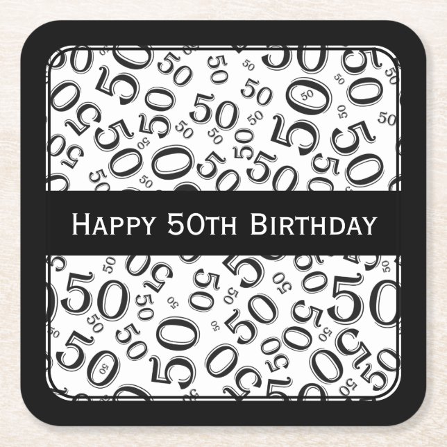 "Happy 50th Birthday" Black/White Party Theme Sq Square Paper Coaster (Front)