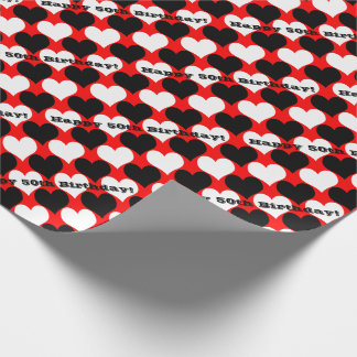 Happy 50th Birthday Black/White/Red Hearts Wrapping Paper