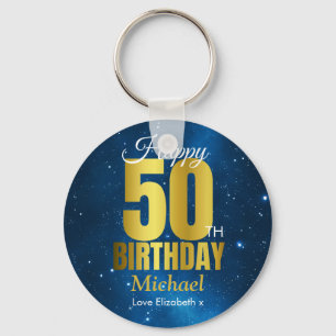 Happy 50th Birthday Blue Gold Key Ring