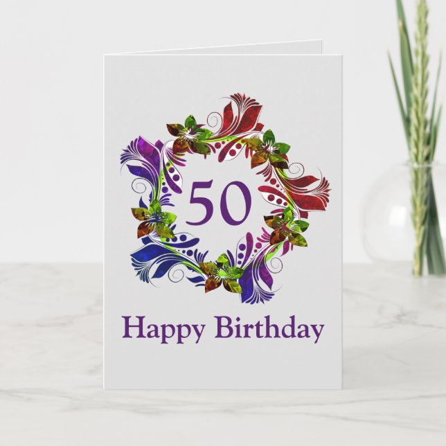 Happy 50th Birthday Card, Modern Floral Card (Front)