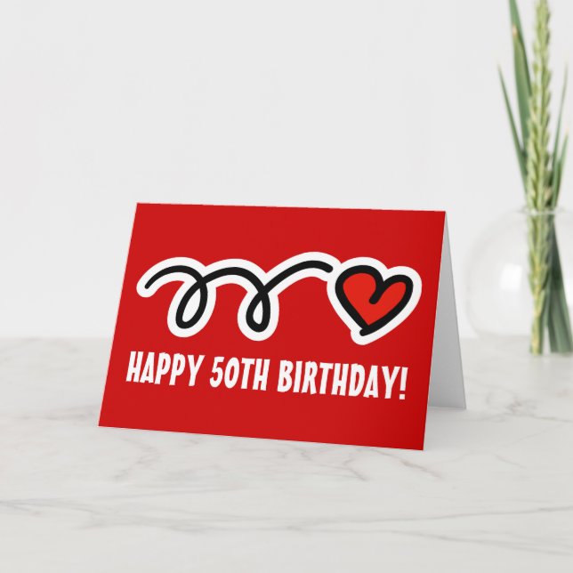 Happy 50th Birthday Card with big red heart (Front)
