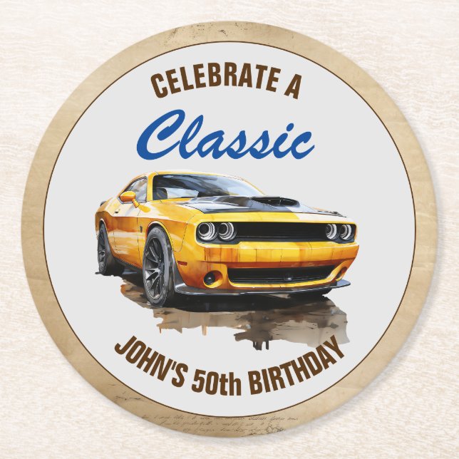 Happy 50th Birthday Classic Muscle Car  Round Paper Coaster (Front)