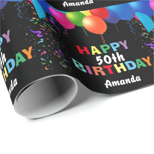 Happy 50th Birthday Colorful Balloons Black Wrapping Paper