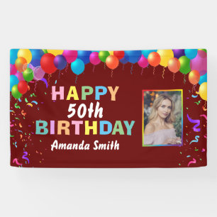 Happy 50th Birthday Colorful Balloons Burgundy Red Banner