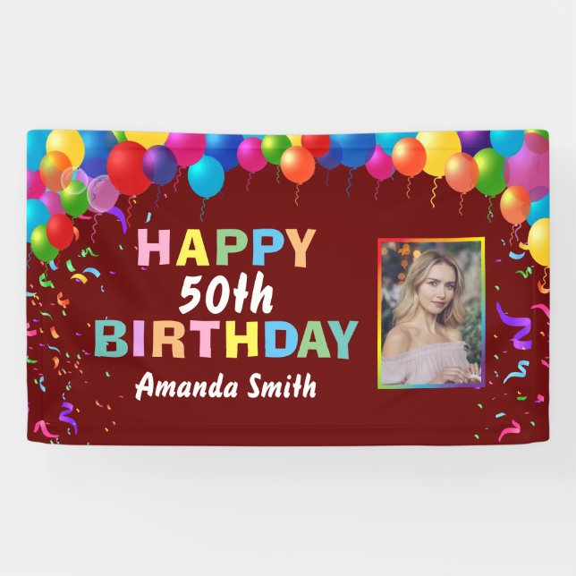 Happy 50th Birthday Colorful Balloons Burgundy Red Banner (Horizontal)