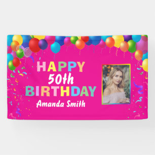 Happy 50th Birthday Colourful Balloons Hot Pink Banner