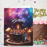 Happy 50th Birthday Colourful Chocolate Cake  Card<br><div class="desc">Indulge in pure decadence with our Chocolate Delight Cake, a heavenly creation designed to delight every woman's taste buds. Topped with a sparkling candle and set against a colourful bokeh background, this cake is not just a dessert; it's a celebration of sweetness and joy. Perfect for birthdays, anniversaries, or any...</div>