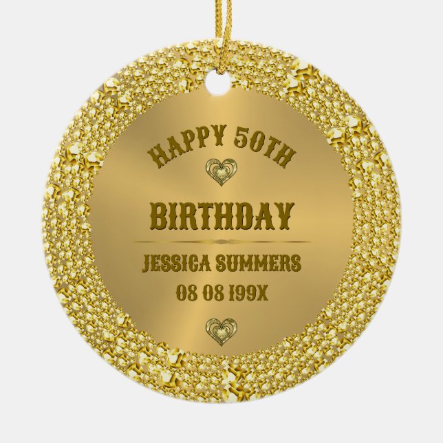 Happy 50th Birthday Diamonds & Gold Ceramic Ornament (Front)