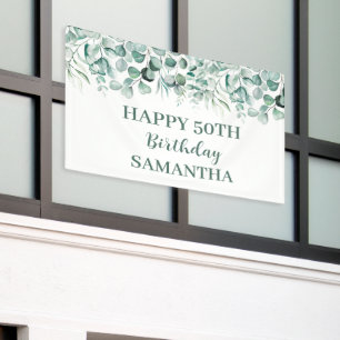 Happy 50th Birthday Eucalyptus Botanical Rustic Banner