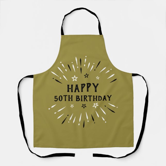 Happy 50th Birthday Fireworks Gold Black White Apron (Front)
