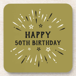 Happy 50th Birthday Fireworks Gold Black White Coaster
