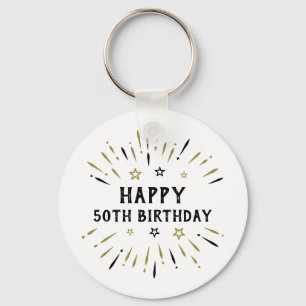 Happy 50th Birthday Fireworks White Black Gold Key Ring