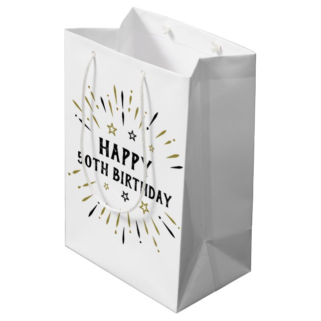 Happy 50th Birthday Fireworks White Black Gold Medium Gift Bag (Back Angled)