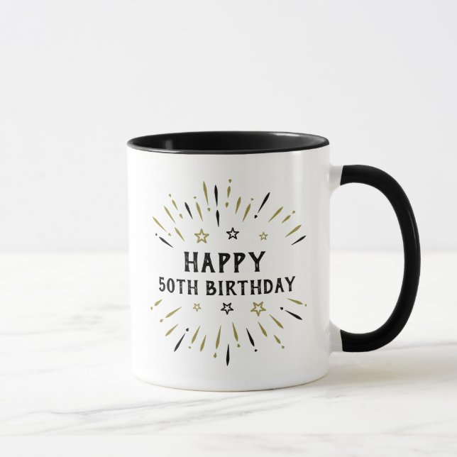 Happy 50th Birthday Fireworks White Black Gold Mug (Right)