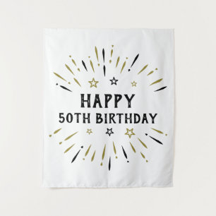 Happy 50th Birthday Fireworks White Black Gold Tapestry