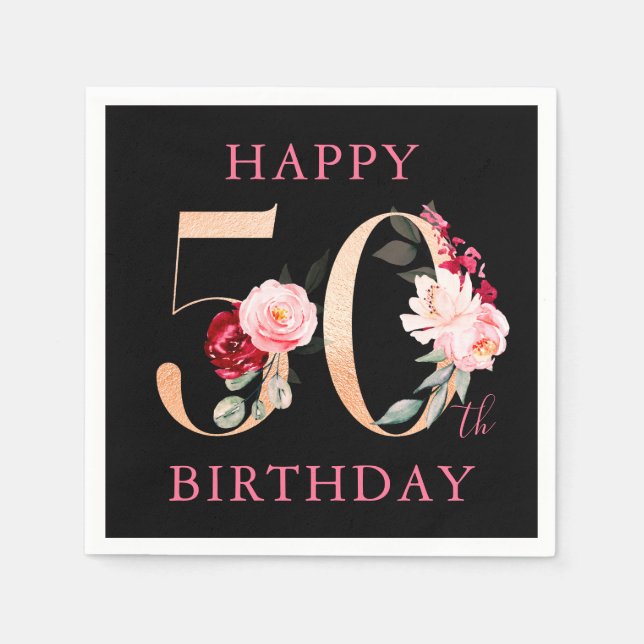 Happy 50th Birthday Gold Black Floral Party  Napkin (Front)