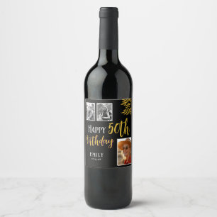 Happy 50th Birthday Gold Foliage 3 Photo Wine Label