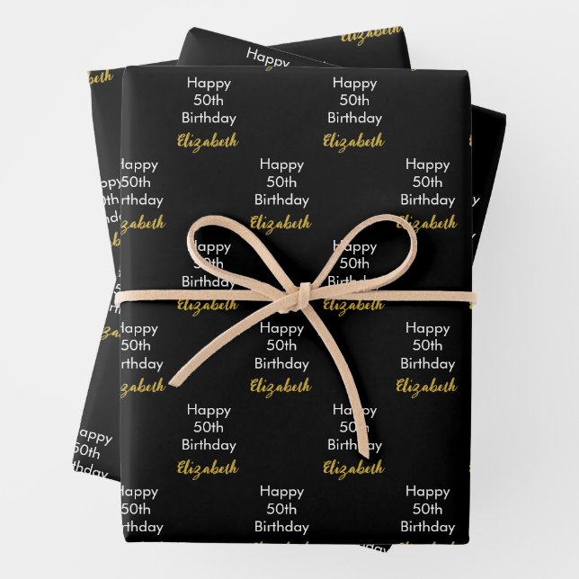 Happy 50th Birthday Gold Name Script Black & White Wrapping Paper Sheet (In situ)