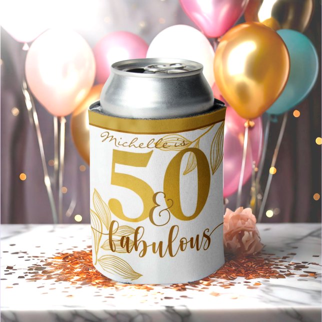 Happy 50th birthday gold typography botanical  can cooler (Creator Uploaded)