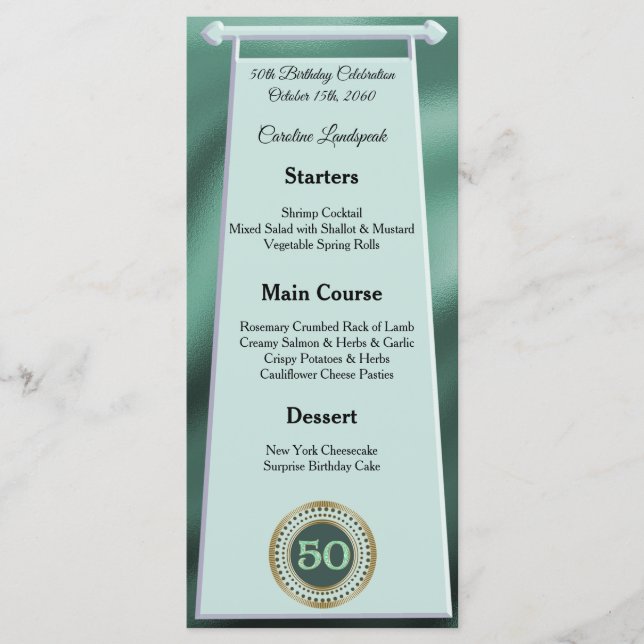 Happy 50th Birthday Green Glitter Foil Menu (Front)