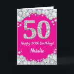 Happy 50th Birthday Hot Pink and Silver Glitter Card<br><div class="desc">Happy 50th Birthday Hot Pink and Silver Glitter Card with personalised name. For further customisation,  please click the "Customise it" button and use our design tool to modify this template.</div>