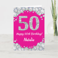 Happy 50th Birthday Hot Pink and Silver Glitter