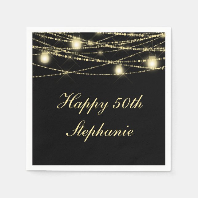 Happy 50th Birthday Mason Jars Lights Black Gold Napkin (Front)
