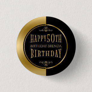 Happy 50th Birthday Modern Geometric Black & Gold 3 Cm Round Badge