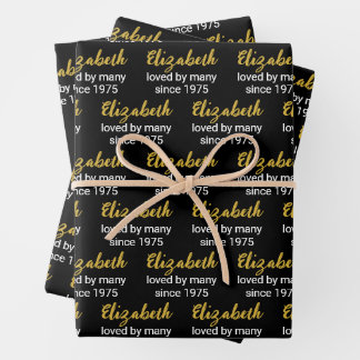 Happy 50th Birthday Name Gold White and Black Wrapping Paper Sheet