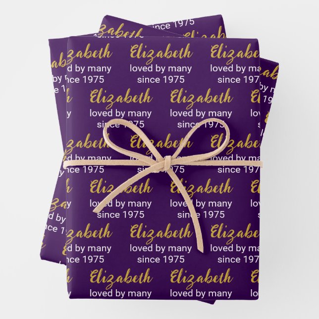 Happy 50th Birthday Name Gold White and Purple Wrapping Paper Sheet (In situ)
