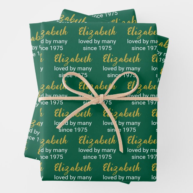 Happy 50th Birthday Name Gold White & Hunter Green Wrapping Paper Sheet (In situ)