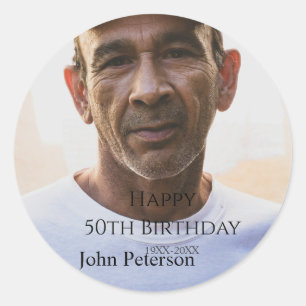 Happy 50th birthday name photo year man simple min classic round sticker