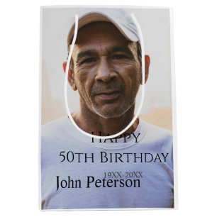 Happy 50th birthday name photo year man simple min medium gift bag