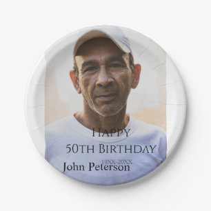 Happy 50th birthday name photo year man simple min paper plate