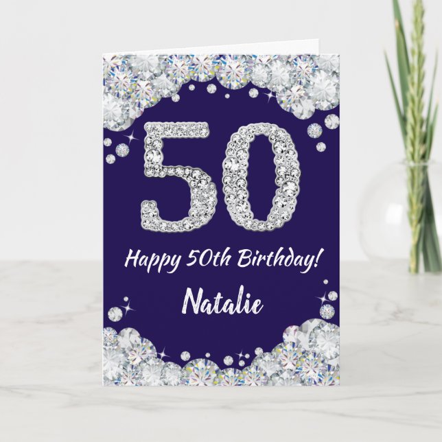 Happy 50th Birthday Navy Blue and Silver Glitter Card (Front)