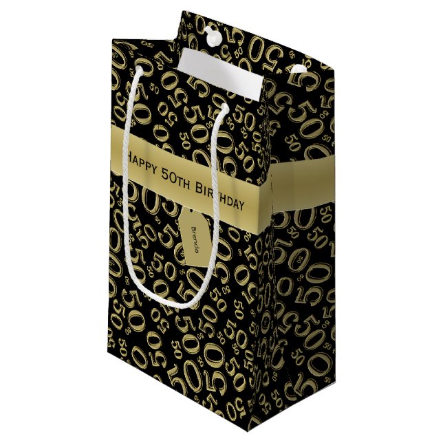 Happy 50th Birthday Number Pattern Black/Gold Small Gift Bag (Front Angled)