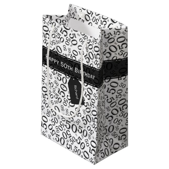 Happy 50th Birthday Number Pattern Black/White Small Gift Bag (Front Angled)
