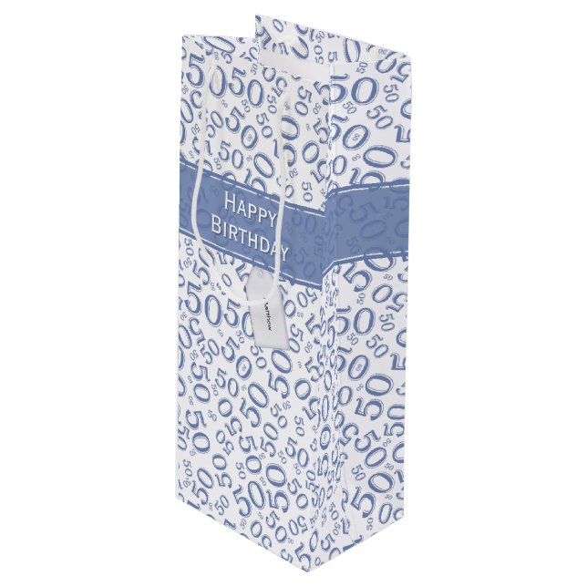 Happy 50th Birthday Number Pattern Blue/White Wine Gift Bag (Front Angled)