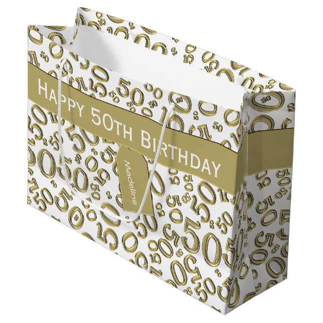 Happy 50th Birthday Number Pattern Gold/White Large Gift Bag (Front Angled)