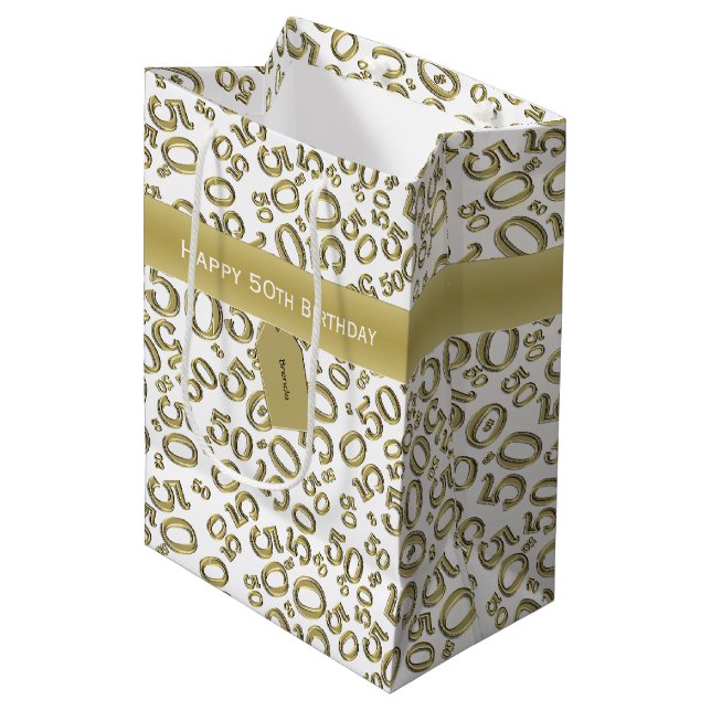 Happy 50th Birthday Number Pattern Gold/White Medium Gift Bag (Front Angled)