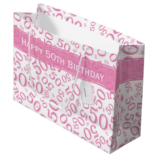 Happy 50th Birthday Number Pattern Pink/White Large Gift Bag (Front Angled)