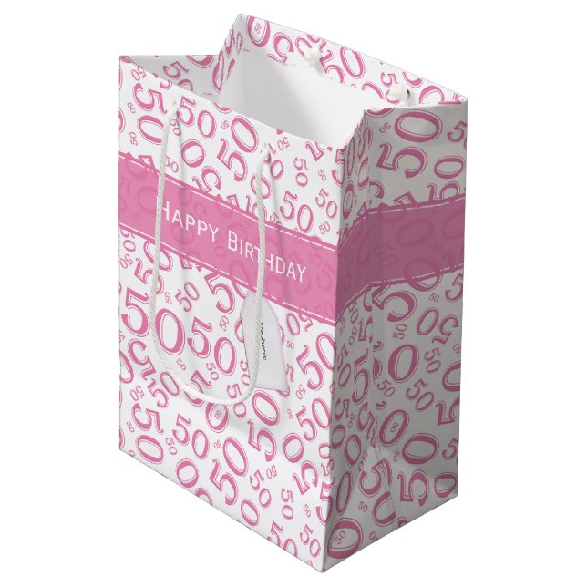 Happy 50th Birthday Number Pattern Pink/White Medium Gift Bag (Front Angled)