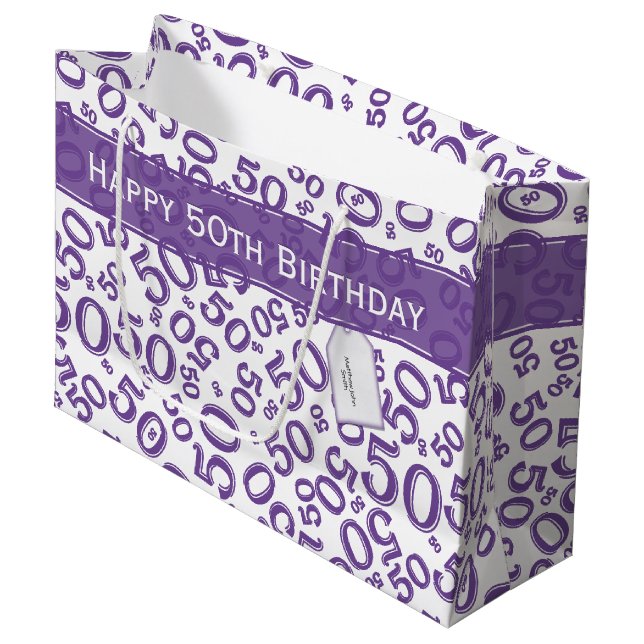 Happy 50th Birthday Number Pattern Purple/White Large Gift Bag (Front Angled)