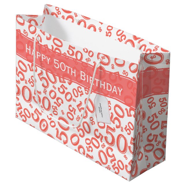Happy 50th Birthday Party Pattern Coral and White Large Gift Bag (Front Angled)