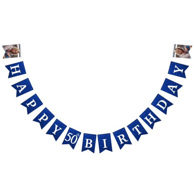 Happy 50th Birthday Photo Blue Glitter Bunting (All)