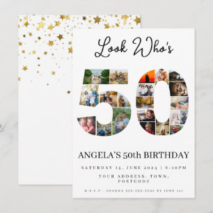 happy 50th birthday Photo Collage gold and white Invitation
