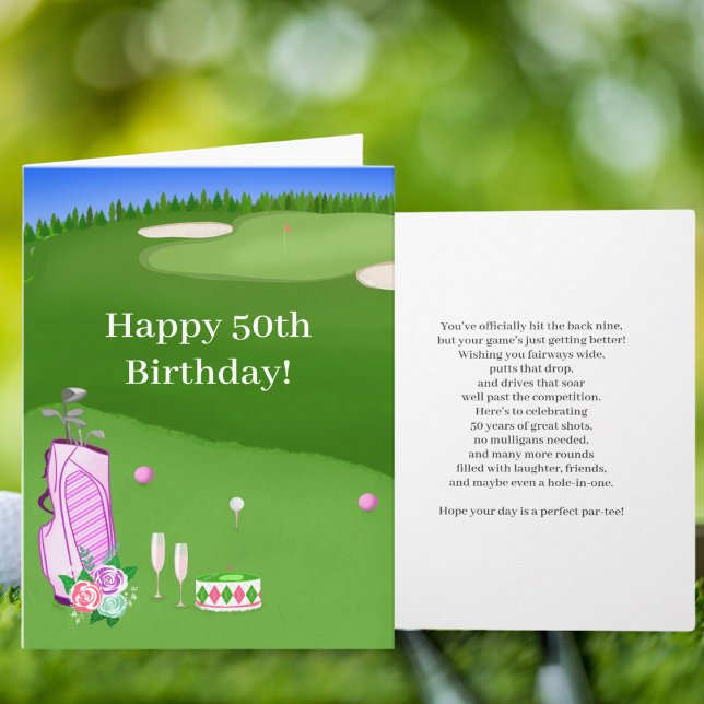 Happy 50th Birthday Pink Golf Bag On Golf Course Card (Creator Uploaded)